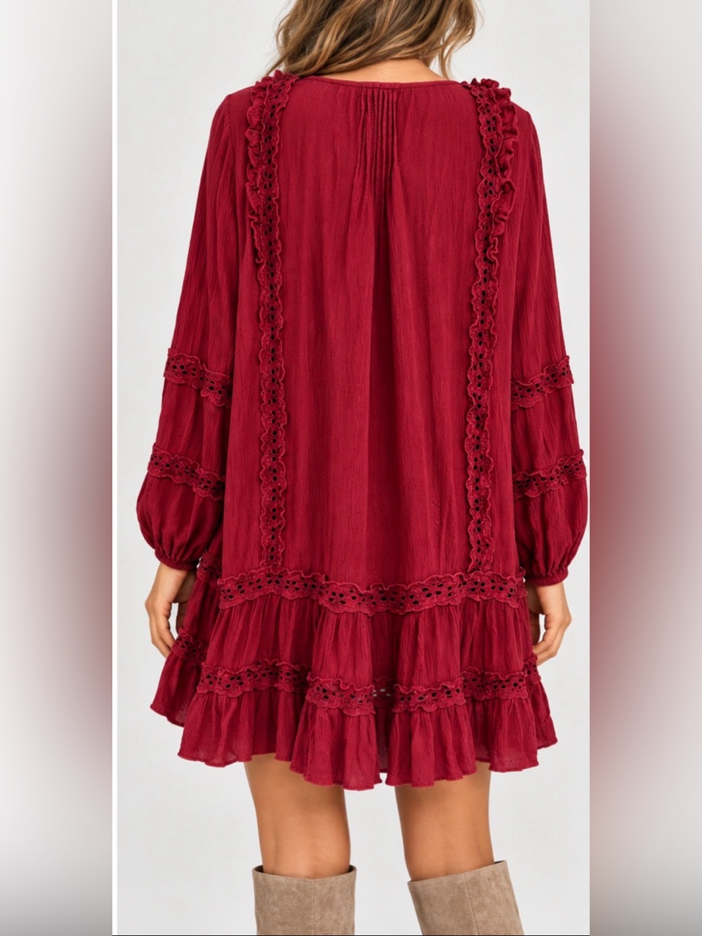 Free People Red Boho Tunic Dress Ruffle Eyelet Trim Button Front Size M. - Picture 2 of 7
